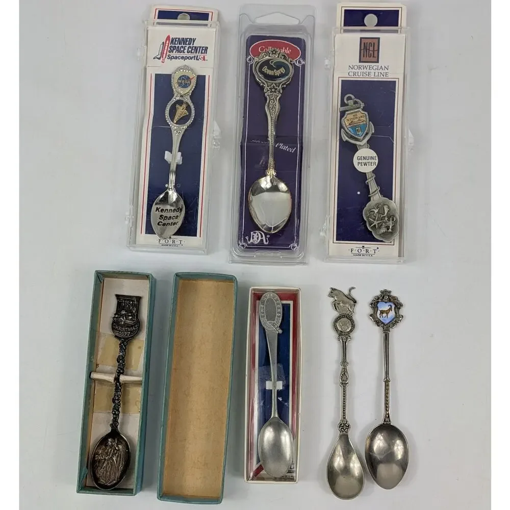 Lot 7 Vtg Souvenir Spoons NASA Space Zodiac Christmas Holiday Cruise EPNS Italy